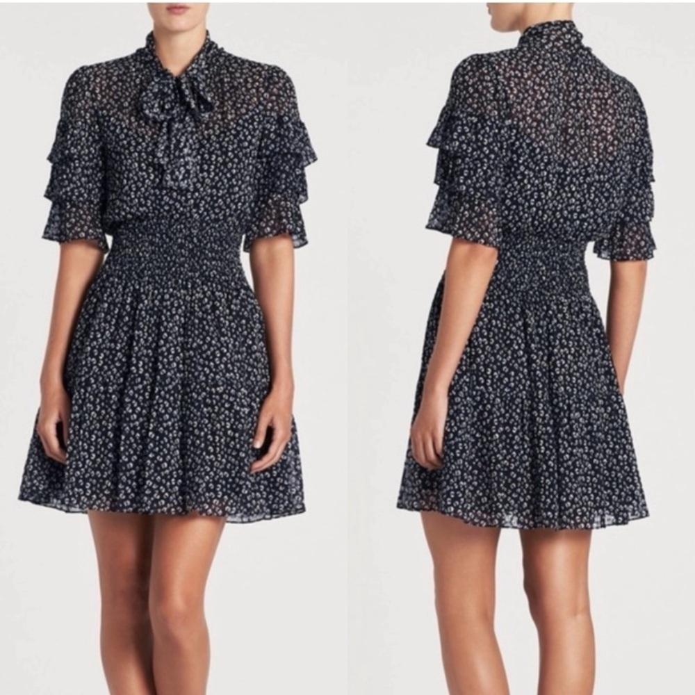 NWT REBECCA TAYLOR Black Silk SS Mini Cheetah Dress Ruffles Neck Tie